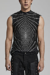 Halo Print Sleeveless Stitching Mesh Rivets Mens Steampunk T-Shirt 2 Colors